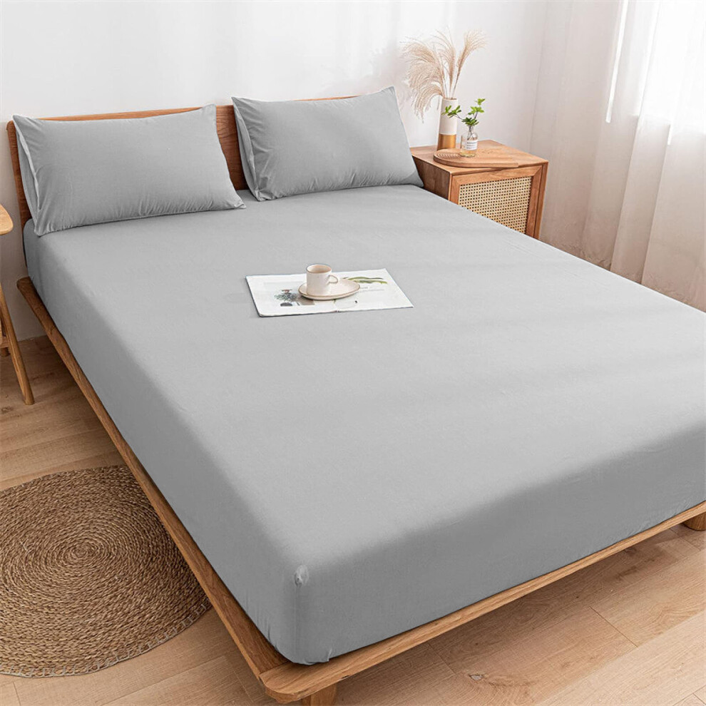 (Silver, Double (137 x 190 cm)) Fitted Sheet Bed Sheets Extra Deep 25CM Single Double King Sizes