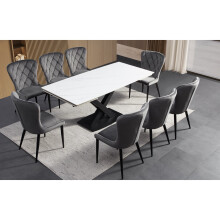 white matt ceramic dining table with premium grey chairs