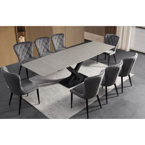 grey matt ceramic dining table with premium grey chairs