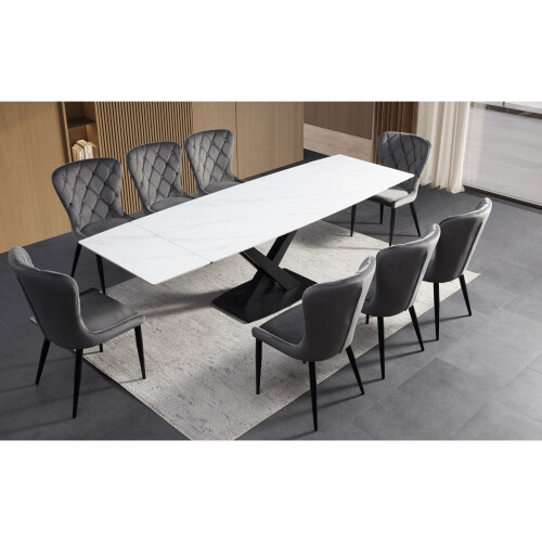 white matt ceramic dining table with premium grey chairs 1