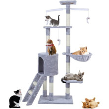 Multi-Level Cat Tree Tower with Sisal Scratching Posts, 3 Viewing Points, Hammock & Condo — Stable Grey Cat Activity Tower (50x35x140 cm)
