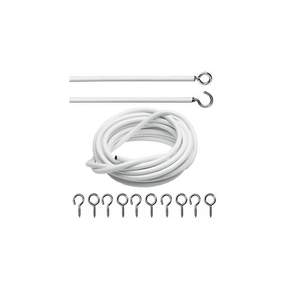 (2 Metre 200cm) White Net Voile Curtain Wire Cord Including Hooks & Eyes 1 Mtr-3Mtr Lengths