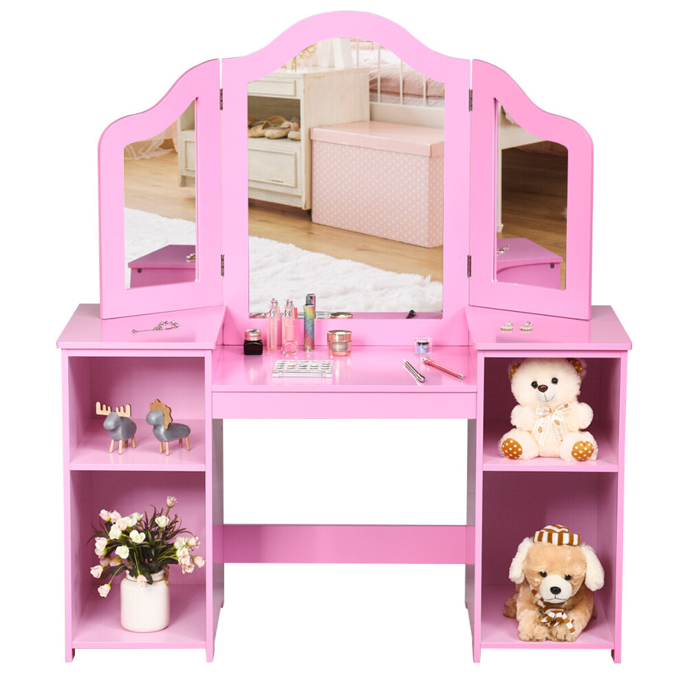 2 in 1 Kids Dressing Table with Foldable Mirror & Open Storage Shelves
