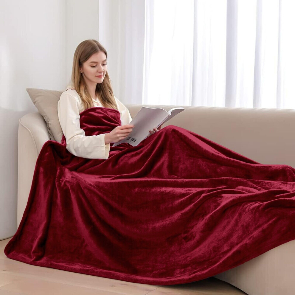 (Burgundy, Super King) FAUX FUR BLANKET FLEECE THICK BED THROW SOFA MINK TRAVEL BLANKET