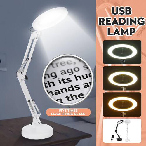 USB 5X Magnifying Desk Lamp Table Top Glass Magnifier Professional LED Reading Light for Repair Indoor Home Use