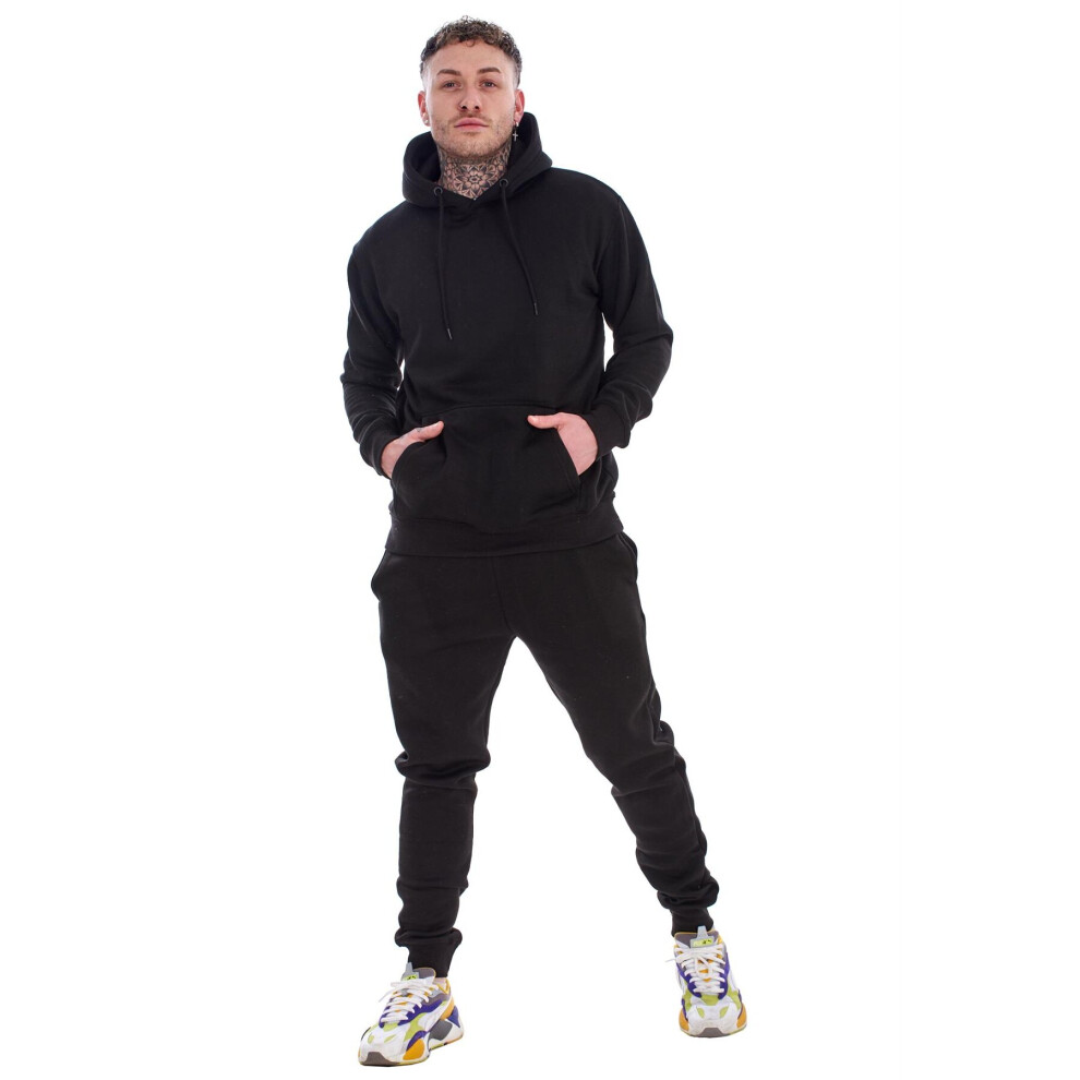 (Black, M) Malay Mens Hooded Plain Tracksuit Fleece Ribbed Cuff Sweatshirts Cotton Blend Joggers