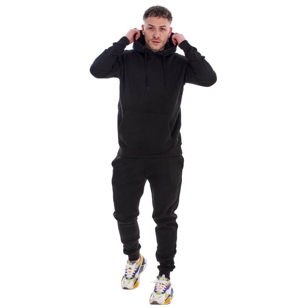 (Black, XL) Malay Mens Hooded Plain Tracksuit Fleece Ribbed Cuff Sweatshirts Cotton Blend Joggers