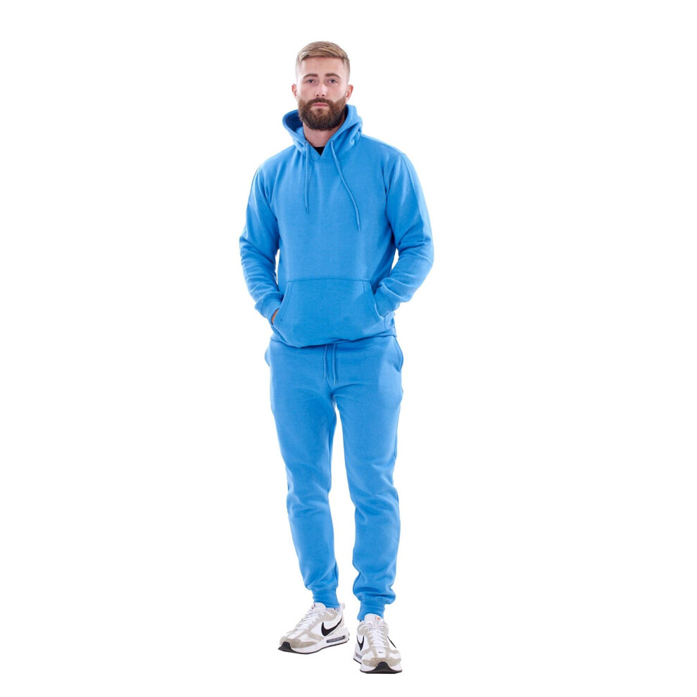 (Blue, S) Malay Mens Hooded Plain Tracksuit Fleece Ribbed Cuff Sweatshirts Cotton Blend Joggers