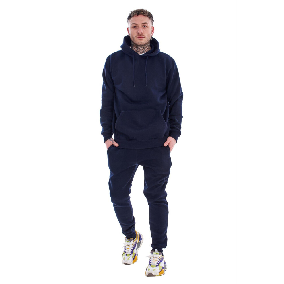 (Navy, S) Malay Mens Hooded Plain Tracksuit Fleece Ribbed Cuff Sweatshirts Cotton Blend Joggers