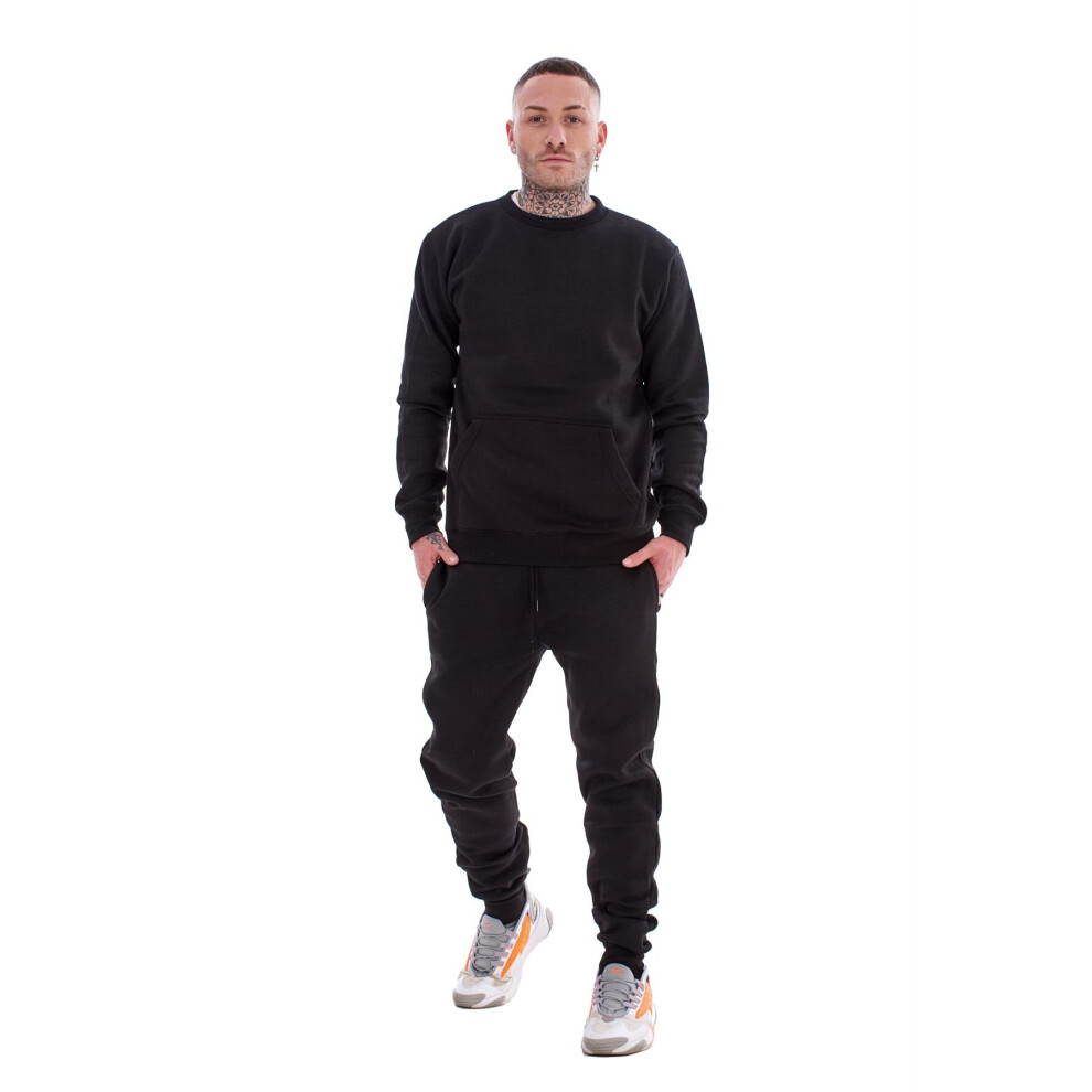 (Black, L) Malay Mens Plain Tracksuit Branded Fleece Pullover Sweatshirts Cotton Jogging Bottoms