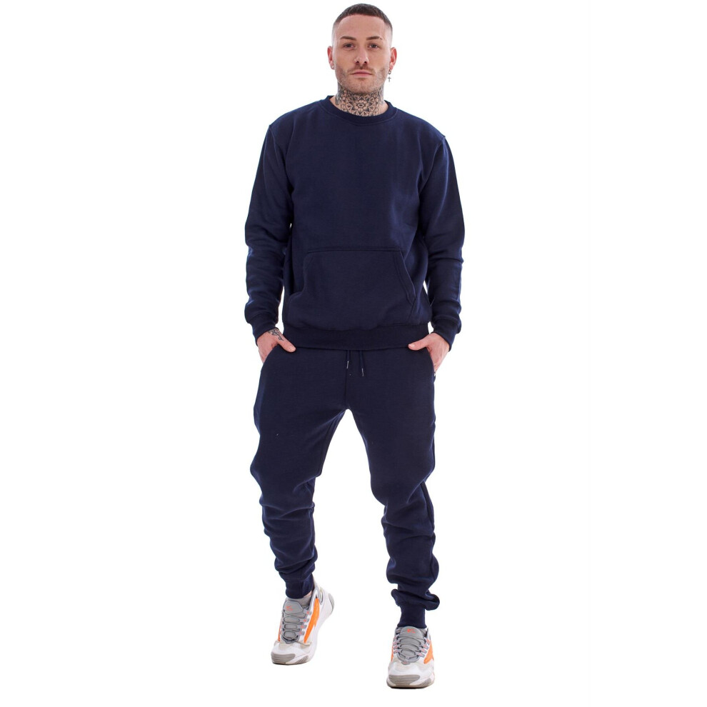 (Navy, S) Malay Mens Plain Tracksuit Branded Fleece Pullover Sweatshirts Cotton Jogging Bottoms