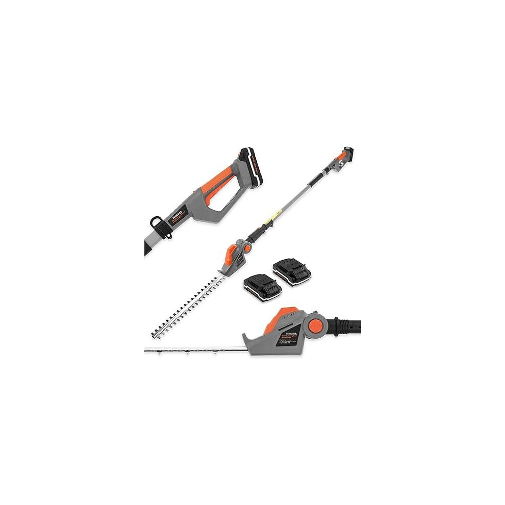 Terratek 20V Telescopic Cordless Hedge Trimmer 2X Batteries, 1HR Fast Charge Long Reach Pole Hedge Cutter with Charger Included.