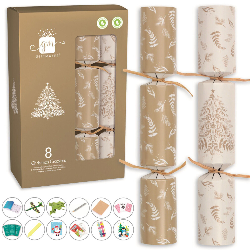 Gold And Cream Foliage Christmas Crackers 28cm Box Set Of 8 Plastic Free