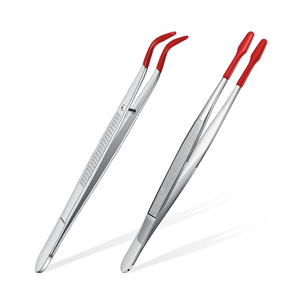 2Pcs Tweezers Tips Set Coated Tips Bent Flat Tweezers Jewelry Hobby Crafts Industrial Electronic Tweezers Tools- Red