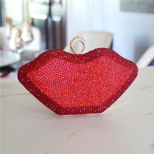 (Red) Women's Evening Bag Retro Lips Clutch Bags Crystal for Rhinestone Handbag Sparkly Crossbody Bag Party Banquet Purse