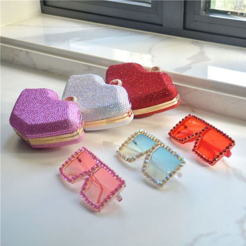 (Red) Women's Evening Bag Retro Lips Clutch Bags Crystal for Rhinestone Handbag Sparkly Crossbody Bag Party Banquet Purse 1