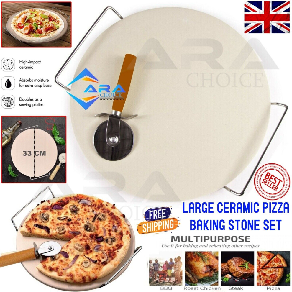 Ceramic Pizza Baking Stone Set Extra Large Chrome Stand + Pizza Cutter