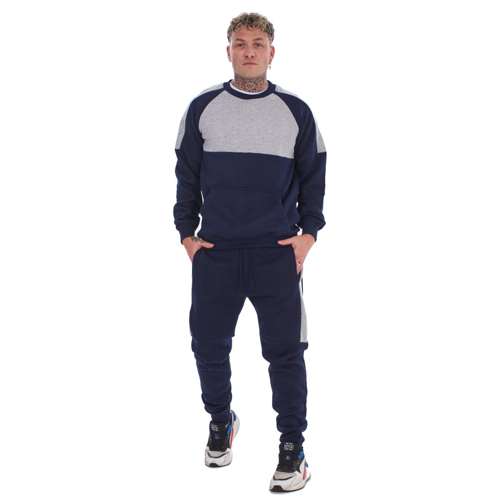 (Navy, XL) Malay Mens Half Arm Striped Tracksuit Pullover Fleece Sweatshirts Cotton Blend Joggers