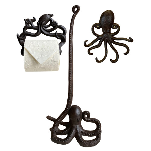 Selections Cast Iron Octopus Wall Dispenser, Floor Loo Roll Holder & Wall Hook