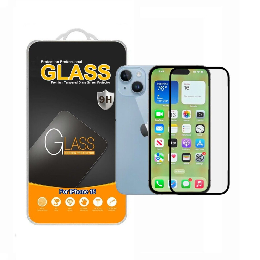 For Apple iPhone 15 Full Coverage Tempered Glass Screen Protector