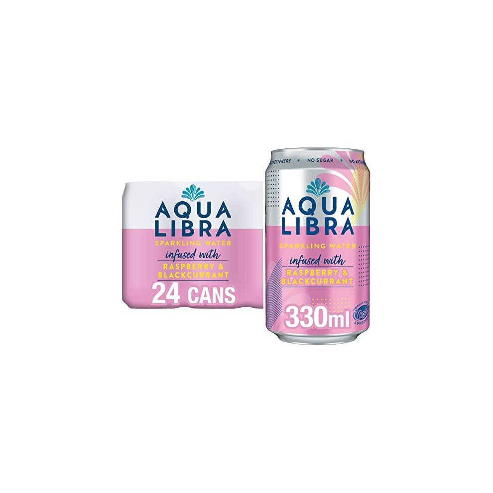 AQUA Libra Sparkling Sugar-Free Fruit Water, No Calories, Raspberry and Blackcurrant, 330 ml, Pack of 24