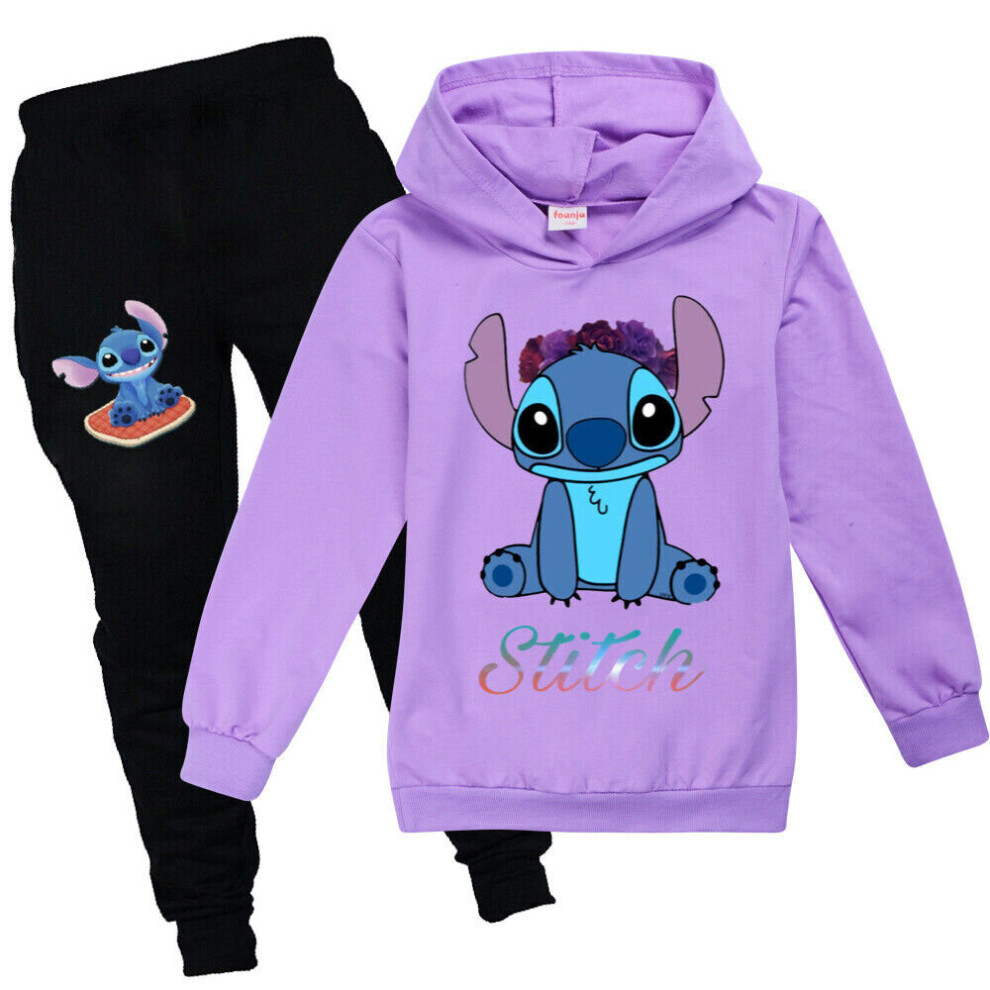 (Purple, 8-9years/140cm) Kids Stitch And Lilo Print Casual Tracksuit Sets Boys Girls Hoodies Pants Suits