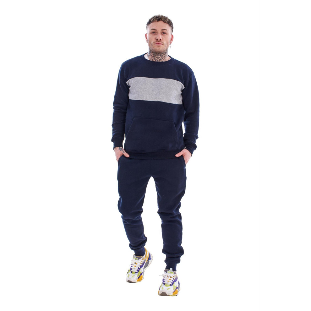 (Navy, M) Malay Mens Panelled Tracksuit Branded Fleece Crew Neck Sweatshirts Cotton Joggers