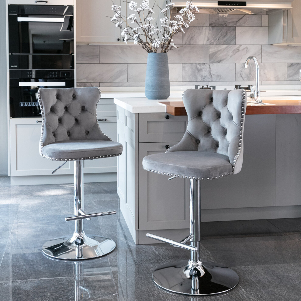 (Set of 2, Grey) Luxury Velvet Swivel Kitchen Breakfast Bar Stools