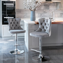 (Set of 4, Grey) Luxury Velvet Swivel Kitchen Breakfast Bar Stools