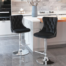 (Set of 4, Black) Luxury Velvet Swivel Kitchen Breakfast Bar Stools