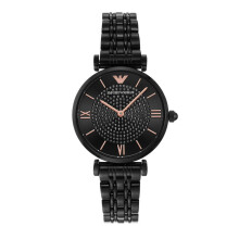 Emporio Armani Montre femme Gianni T-Bar AR11245 – cadran noir serti de cristaux, acier noir et or rose, quartz