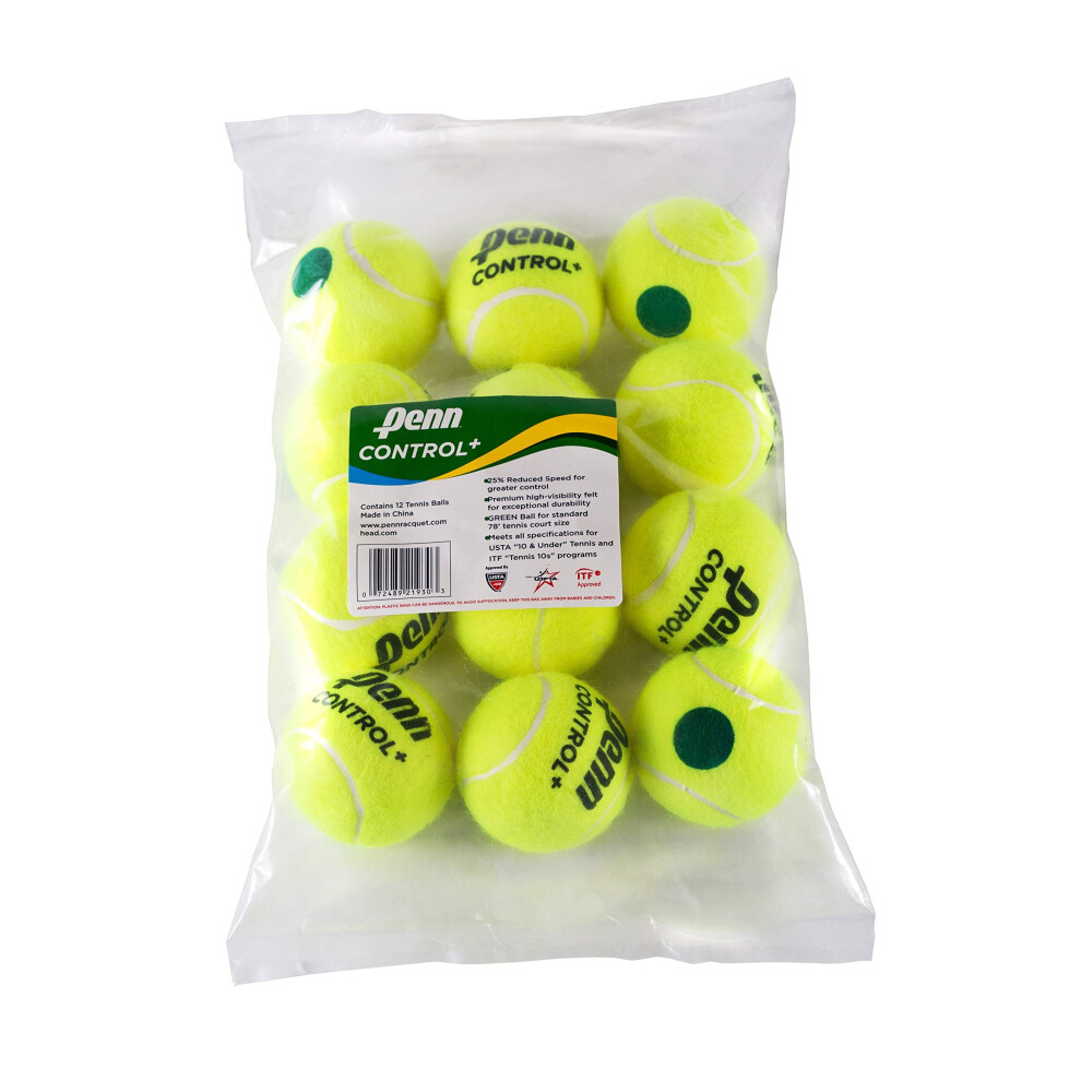 Penn control Plus Tennis Balls - Youth Felt green Dot Tennis Balls for Beginners - 12 Ball Polybag