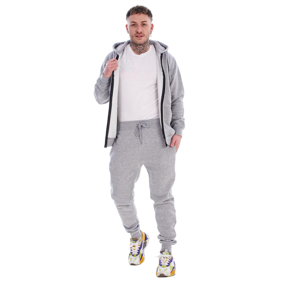 (Grey, L) Malay Mens Hooded Tracksuit Zipper Plain Fleece Ribbed Cotton Blend Joggers Sweatshirt