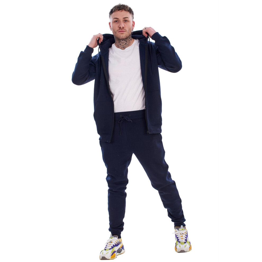 (Navy, L) Malay Mens Hooded Tracksuit Zipper Plain Fleece Ribbed Cotton Blend Joggers Sweatshirt