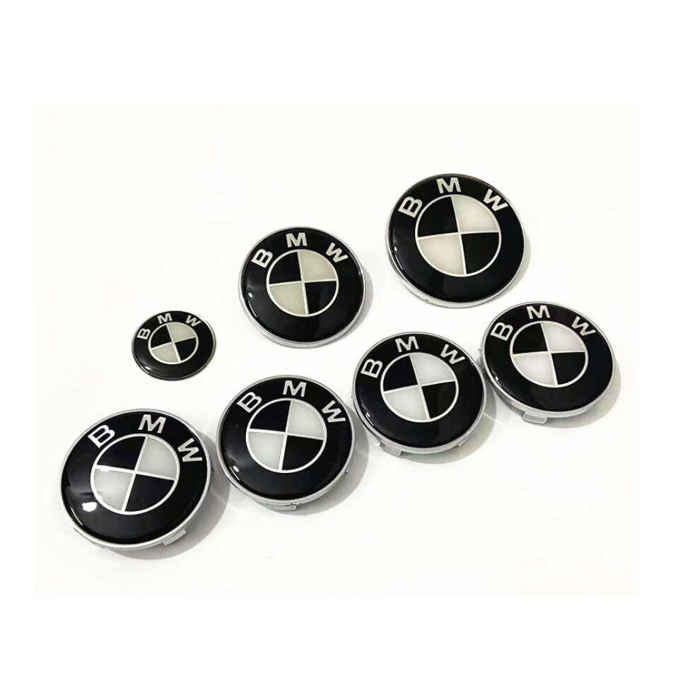 Paktoo (Black White, (82+74+4*68+45Mm)) ​7Pcs Wheel Hub Cap Bmw Hood Badge And Rear Set