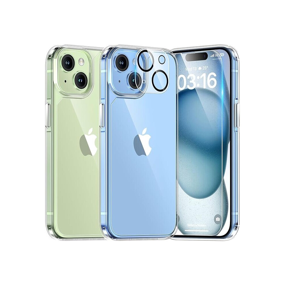 iPhone 15 Case 6.1", [Not Yellowing] and 2X Screen Protectors + 2X Camera Lens Protectors, [Military Grade Drop Protection] Shockproof Slim - Clear