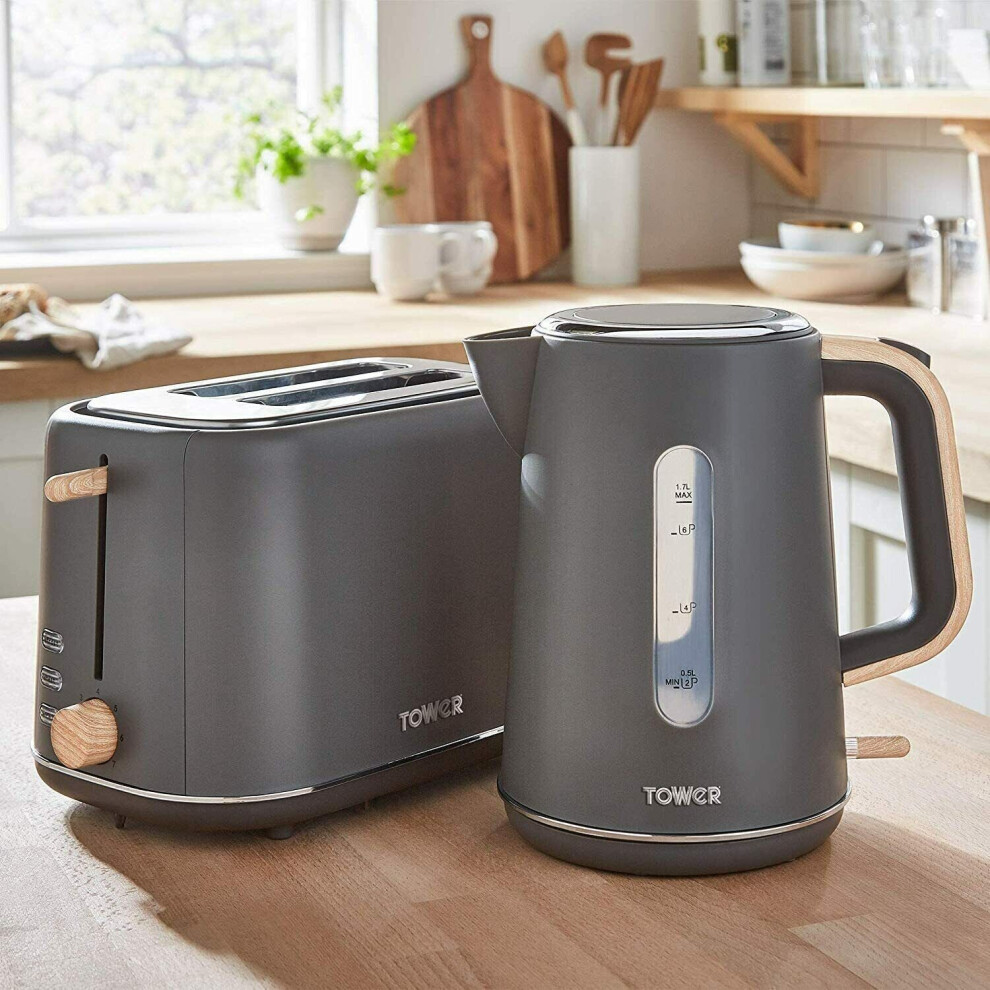 Tower Grey Kettle Toaster Scandi Grey 1.7L 3kW Cordless Rapid Boil 2 Slice