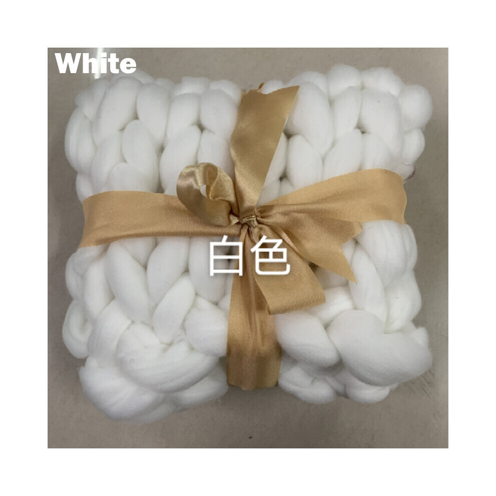 (white, 100x80cm) Large Soft Chunky Knitted Thick Blanket Hand Yarn Wool Bulky Throw Blanket Sofa