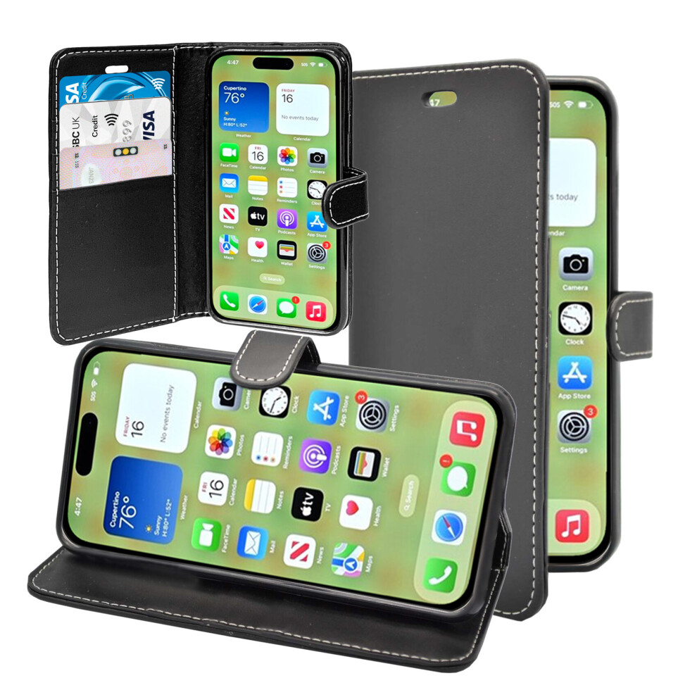 (Black) For Apple Iphone 15 Wallet Flip Pu Leather Kickstand Card Holder Phone Case Cover Black 5060972625828