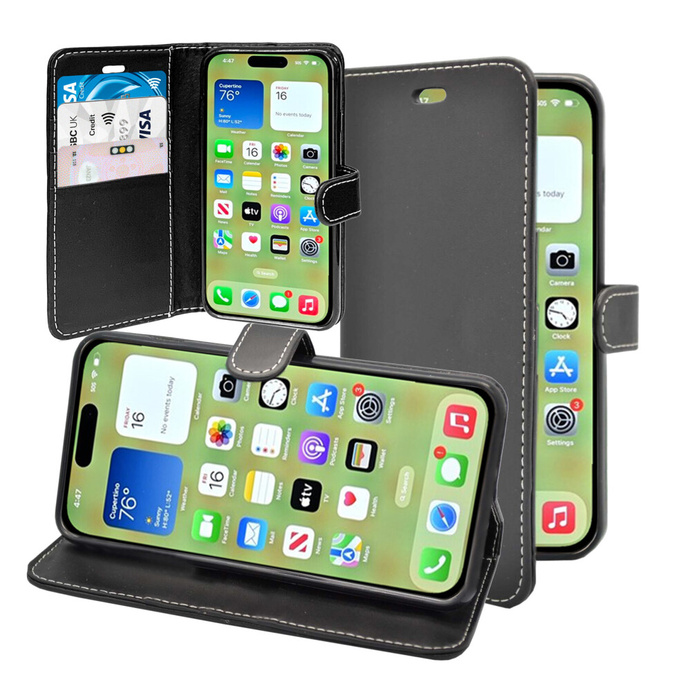 (Black) For Apple Iphone 15 Pro Wallet Flip Pu Leather Kickstand Card Holder Case Cover Black 5060972625866