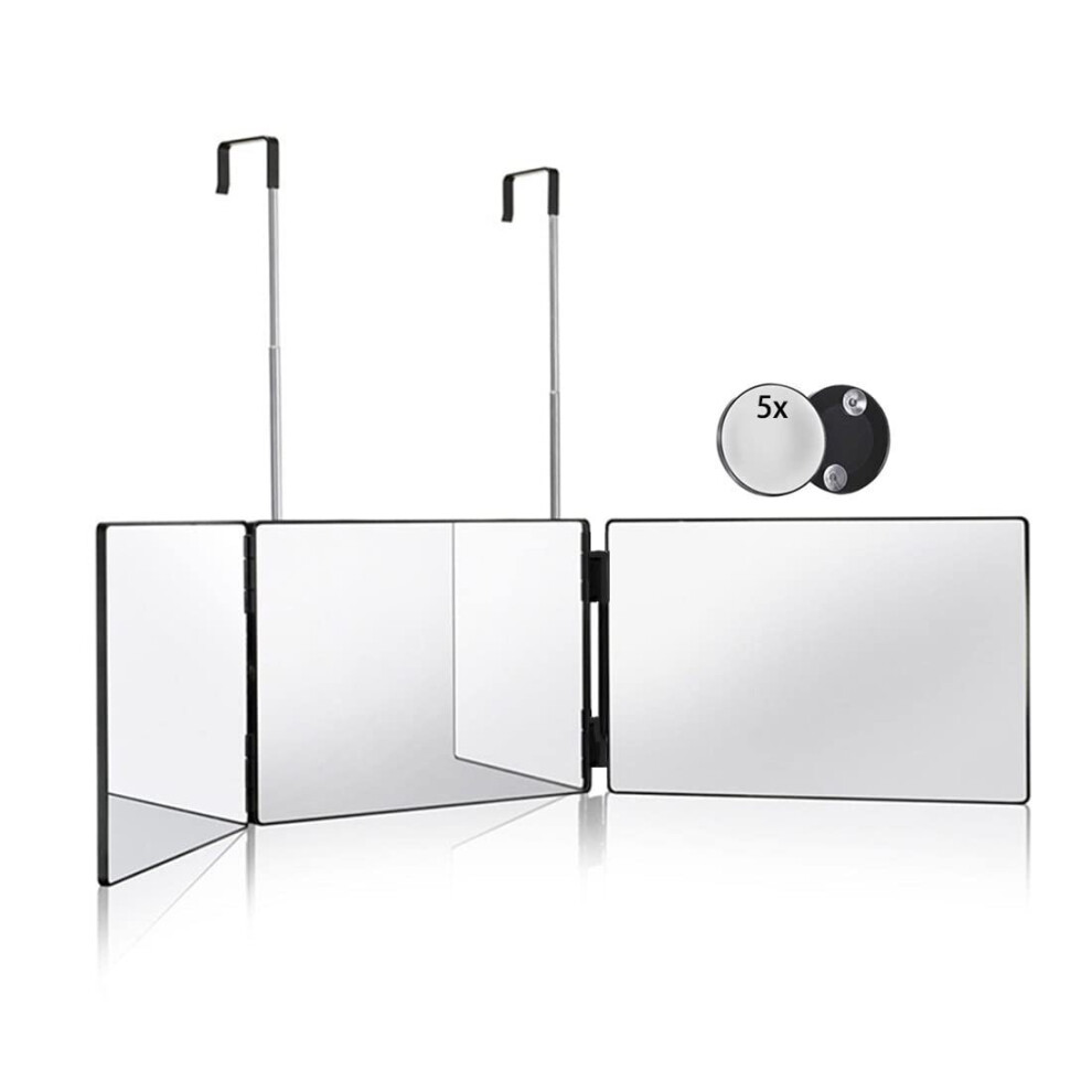 Hieey 3 Way Mirror For Hair Cutting,360 Trifold Mirror With Height Adjustable Telescoping Hooks,And 5X Magnification Mirror,For Makeup, Hair Styling