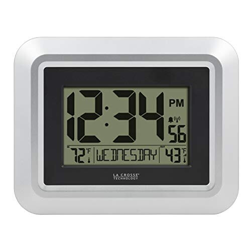 La Crosse Technology 513-1918S-INT Atomic Digital Wall Clock with Temperature, Silver