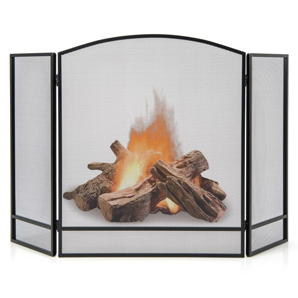 3-Panel Folding Fireplace Screen Wrought Iron Mesh Fire Spark Guard