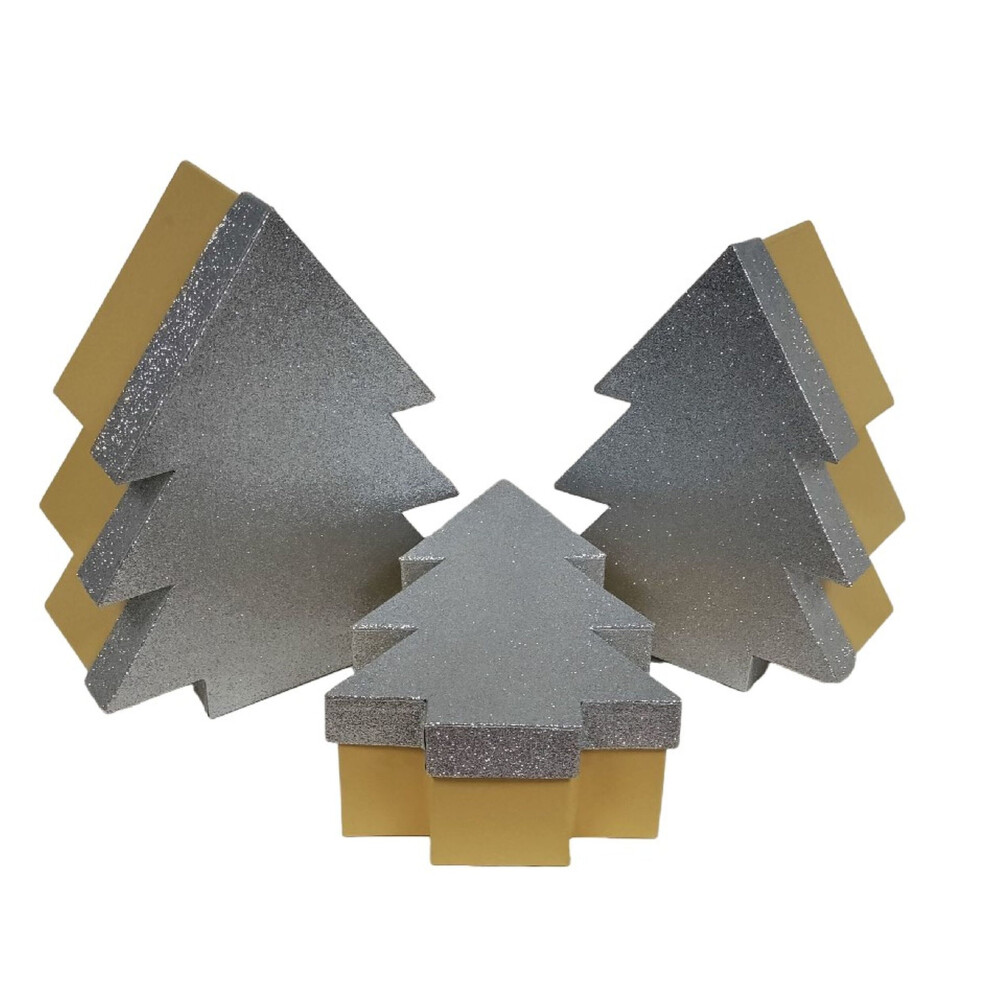 Silver Glitter Christmas Tree Gift Boxes Set of 3 Nestable Gift Boxes