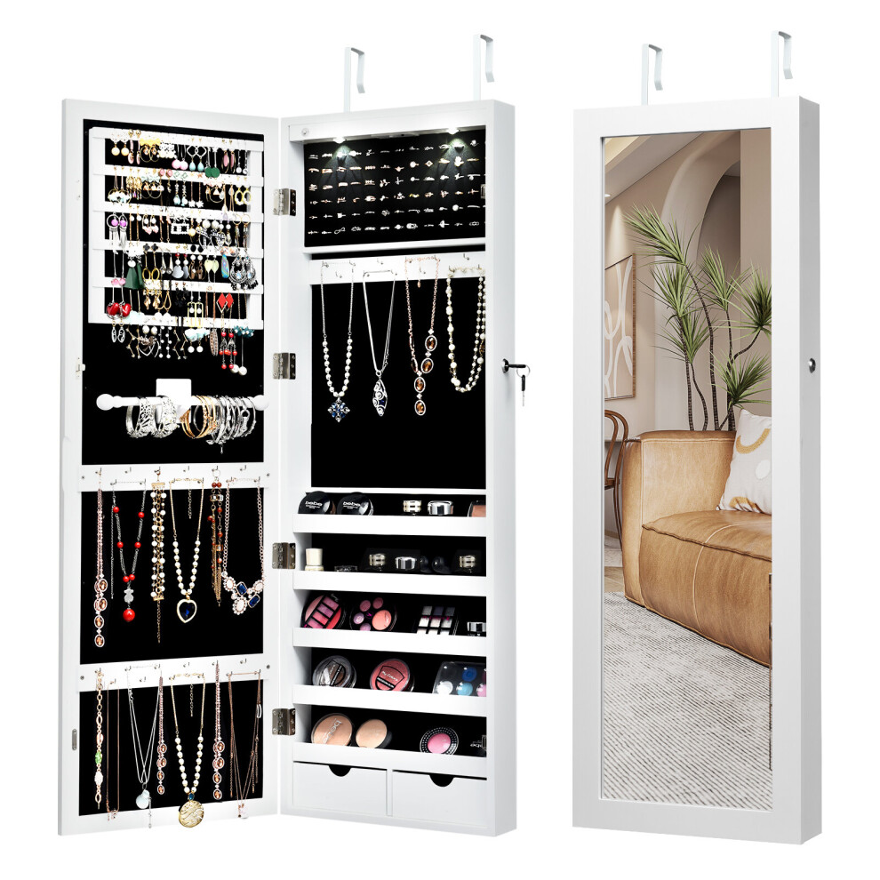 Mirrored Jewelry Cabinet w/Full Length Mirror Lights Wall/Door Mounted