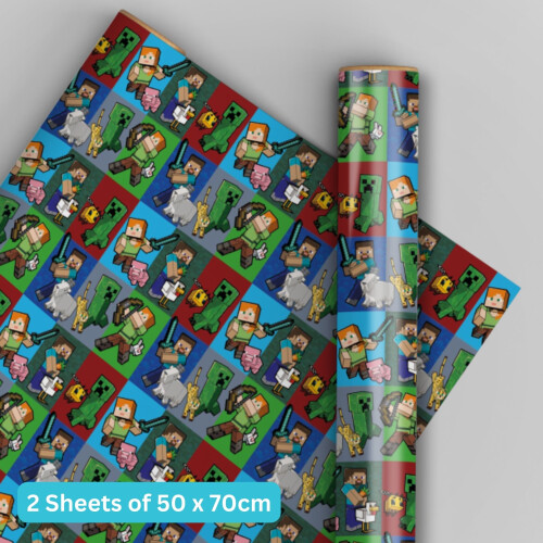 Minecraft Birthday Wrapping Paper, Minecraft Gift Wrap, 2 Sheets & 2 Tags