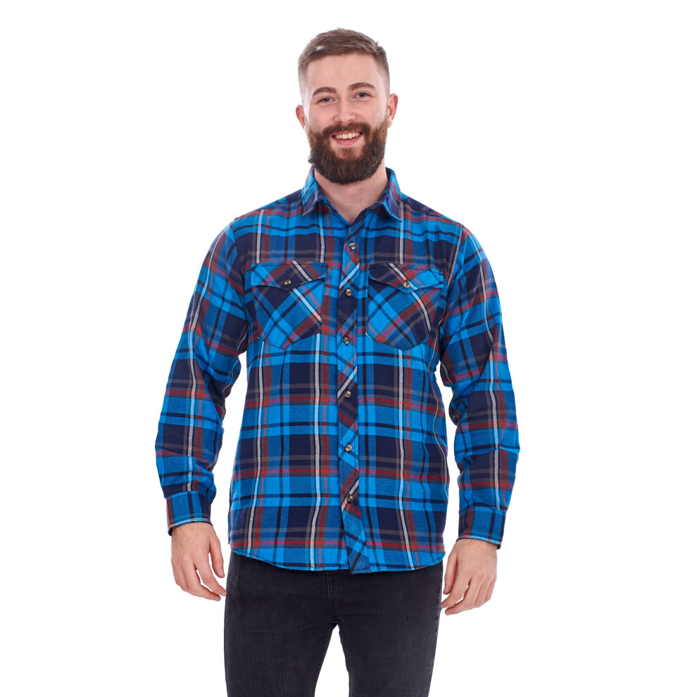 (Navy Blue, XXL) Malay Mens Flannel Check Shirts Yarn Dyed Cotton Brushed Long Sleeve Casual Top