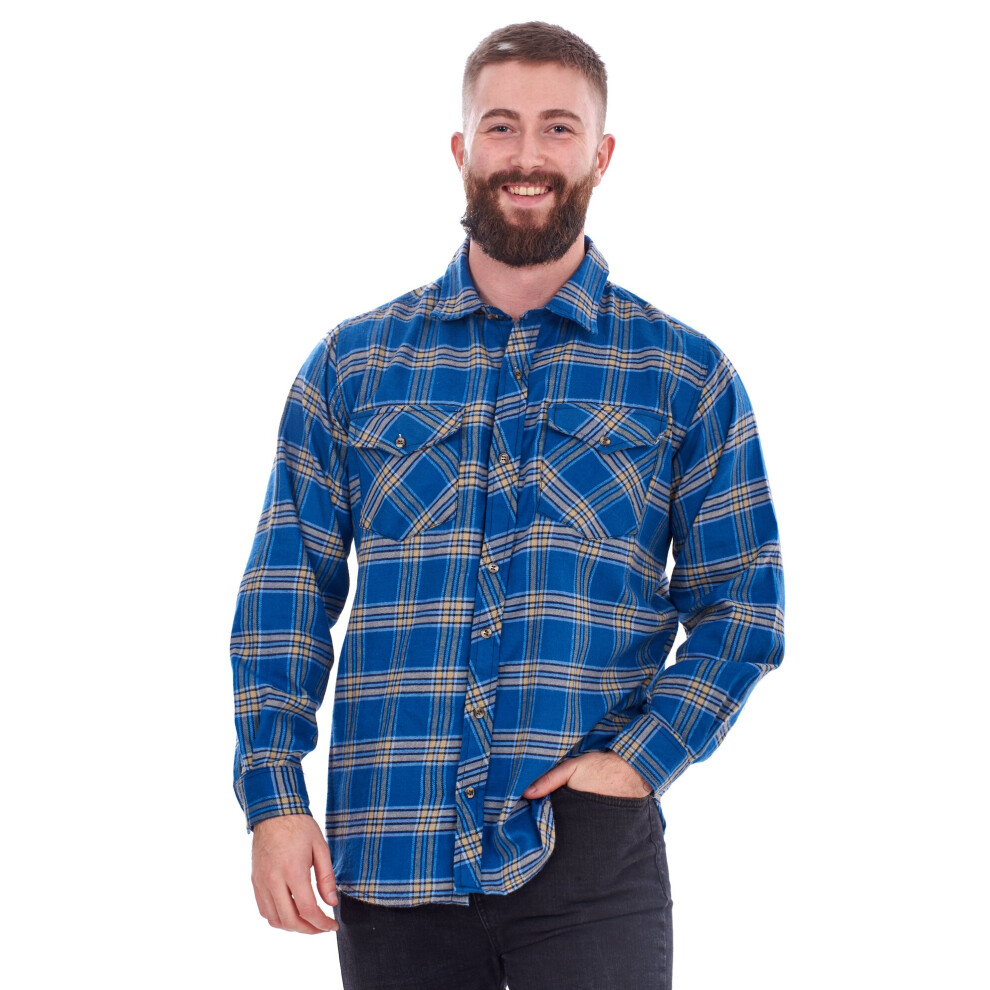 (Royal Blue, M) Malay Mens Flannel Check Shirts Yarn Dyed Cotton Brushed Long Sleeve Casual Top