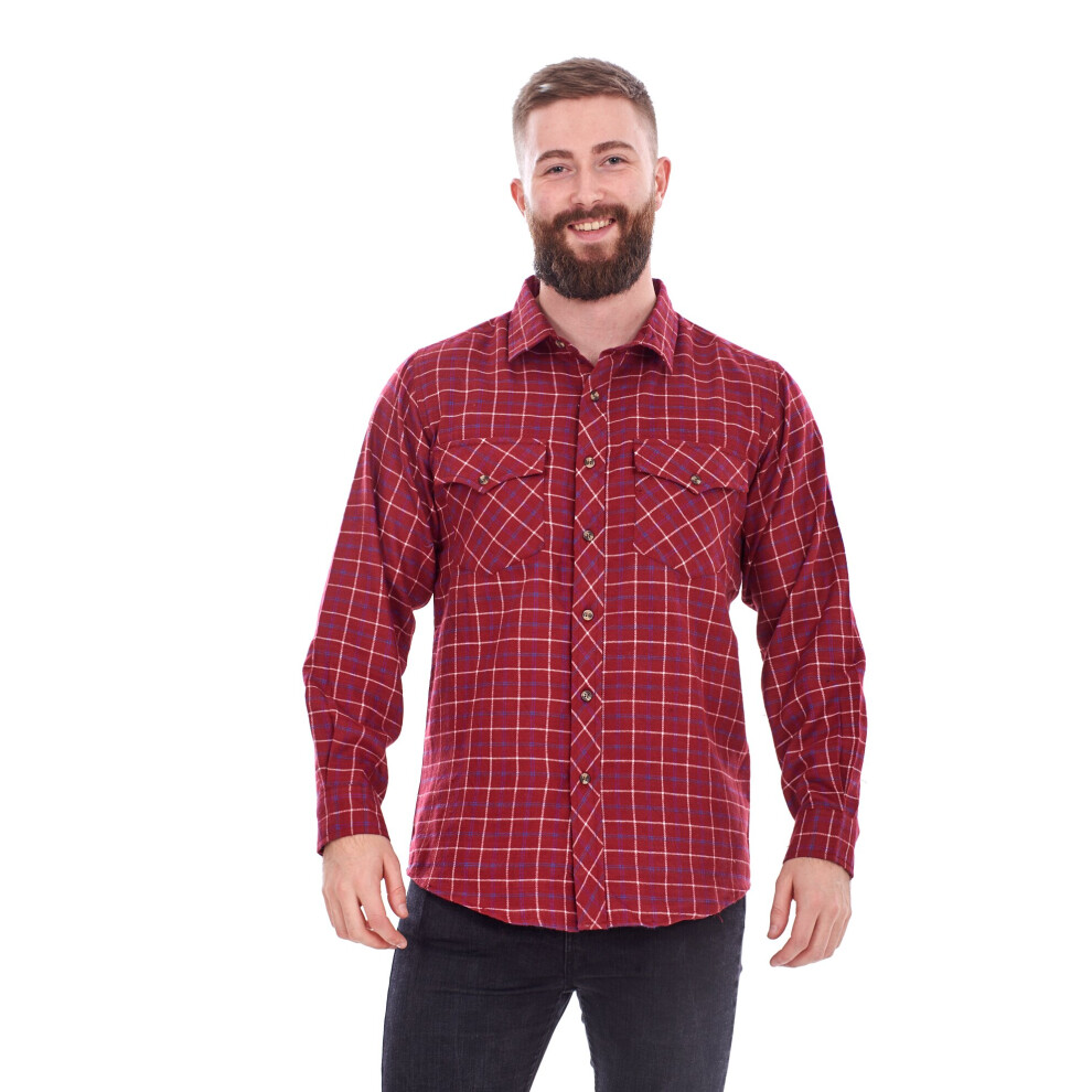 (Wine, L) Malay Mens Flannel Check Shirts Yarn Dyed Cotton Brushed Long Sleeve Casual Top