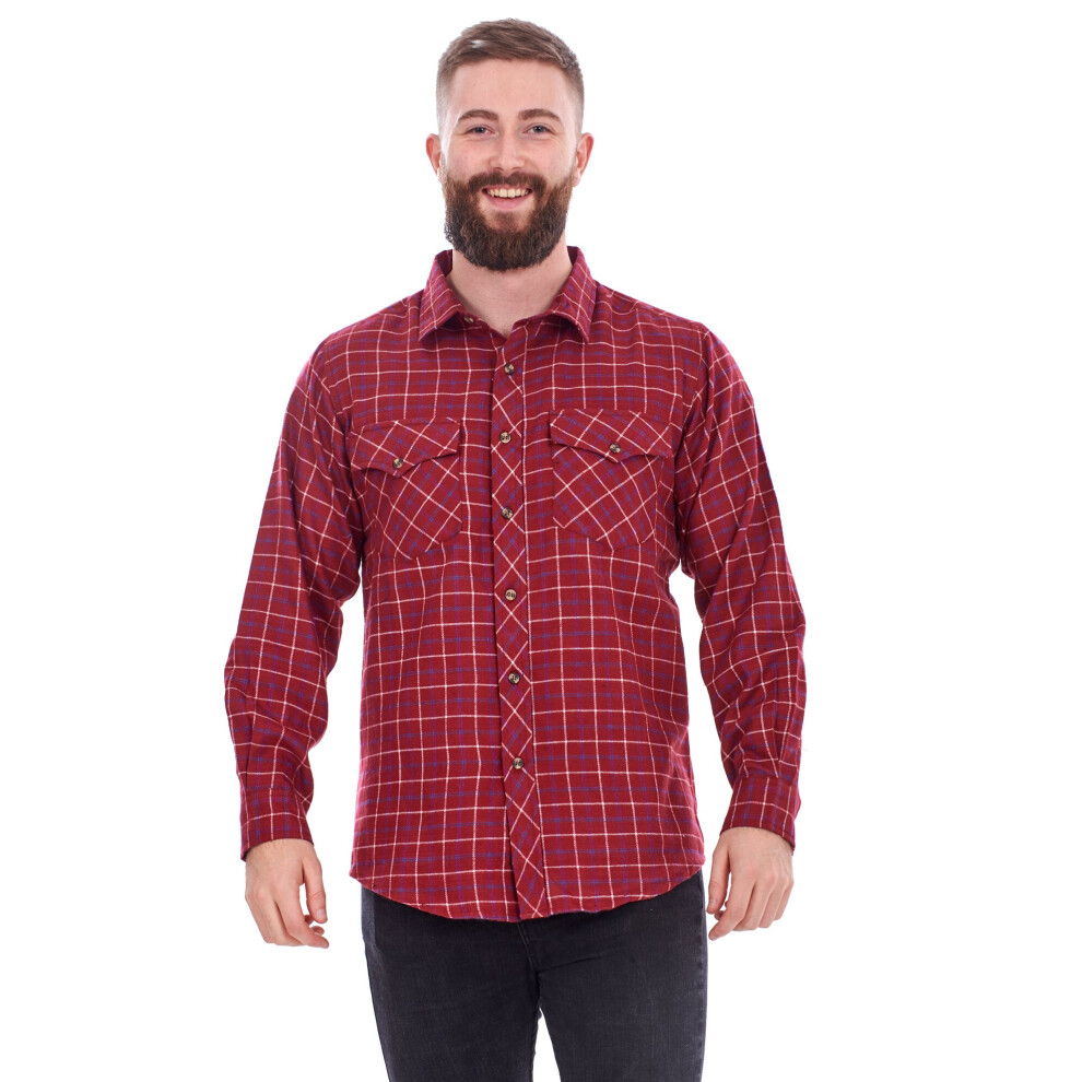 (Wine, XL) Malay Mens Flannel Check Shirts Yarn Dyed Cotton Brushed Long Sleeve Casual Top